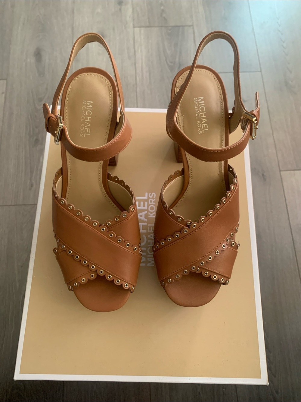 Michael Kors Cognac Leather Studded Crisscross Slingback Heels